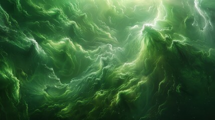   A computer-generated image features a green-black swirling backdrop encircled by a brilliant light source at its core - obrazy, fototapety, plakaty