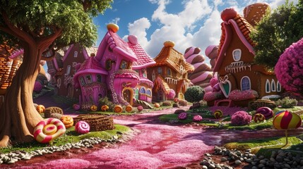 Obraz premium A whimsical and colorful candy village with houses made of confectionery delights and a river flowing with liquid sweetness. Resplendent.