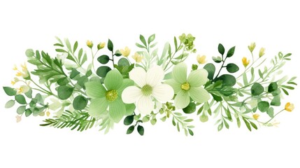 greenery watercolor clipart featuring lots of flowers and dense, green foliage - obrazy, fototapety, plakaty