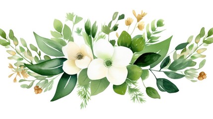 greenery watercolor clipart featuring lots of flowers and dense, green foliage
