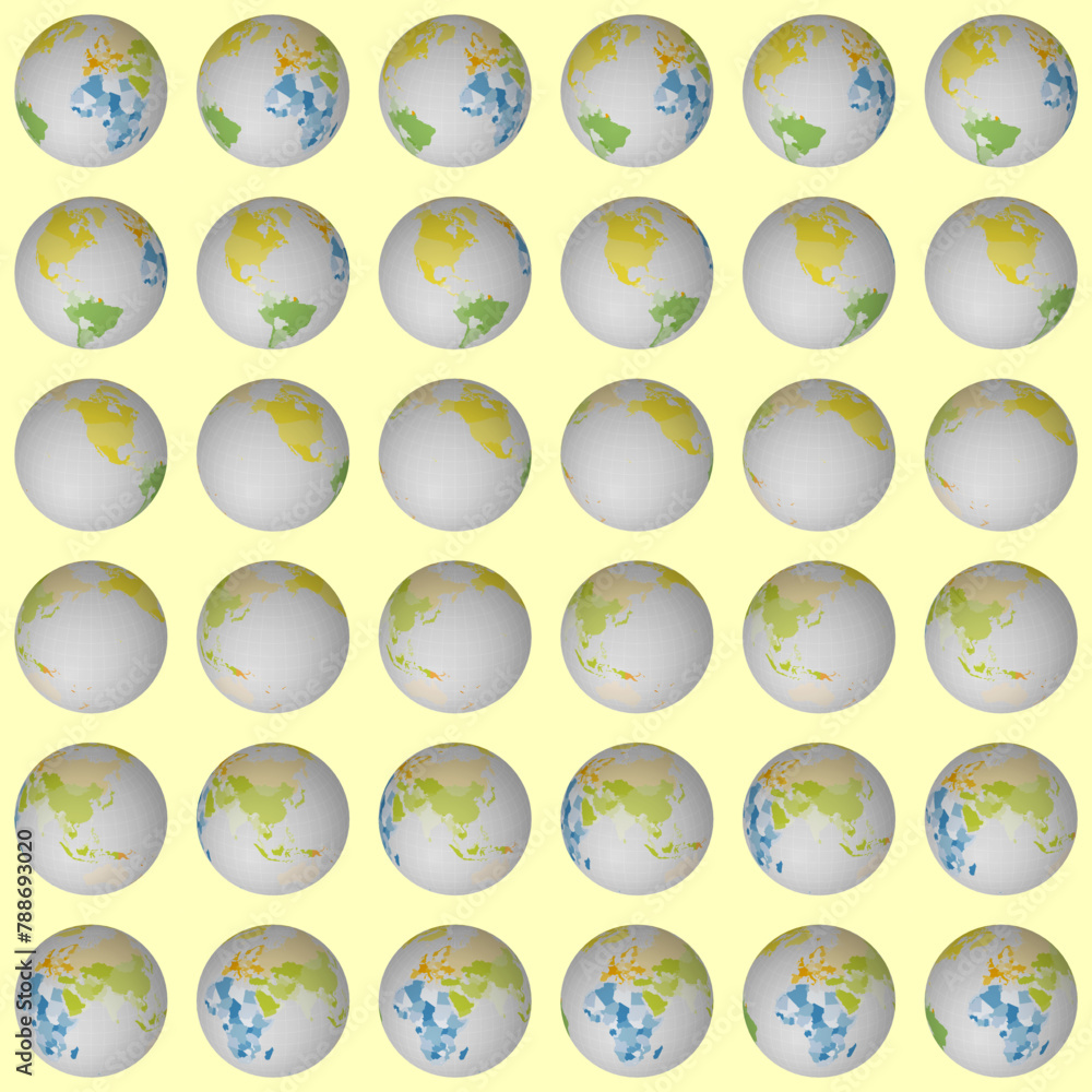Poster Collection of globes. Slanted sphere view. Rotation step 10 degrees. Colored countries style. World map with sparse graticule lines on slightly background. Exceptional vector illustration.