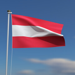 Austria Flag is waving in front of a blue sky with blurred clouds in the background