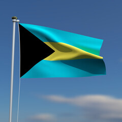 Bahamas Flag is waving in front of a blue sky with blurred clouds in the background