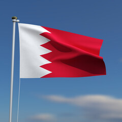 Bahrain Flag is waving in front of a blue sky with blurred clouds in the background