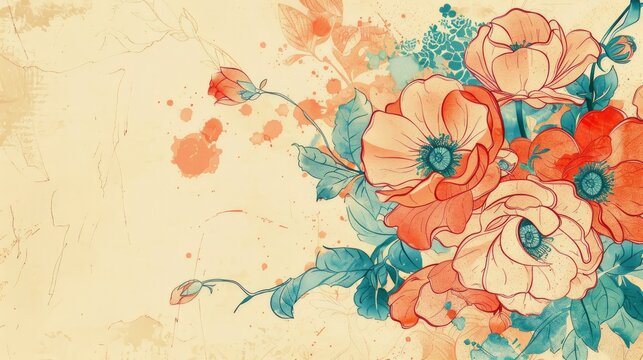 retro wallpaper of colourful flower branch on beige colour bacground with copy space