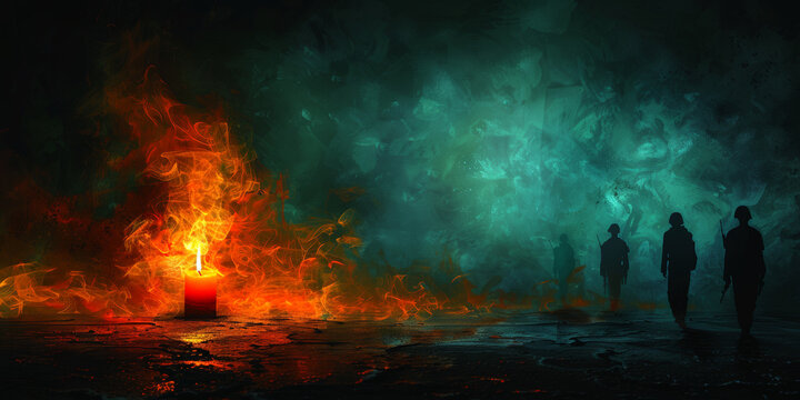 Silhouetted figures facing a fiery anomaly, suitable for suspenseful themes.