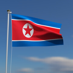 bandeira coreia do norte Flag is waving in front of a blue sky with blurred clouds in the background