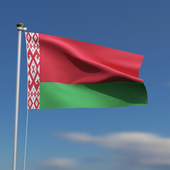 Belarus Flag is waving in front of a blue sky with blurred clouds in the background