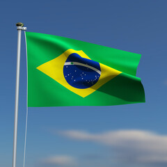 Brazil Flag is waving in front of a blue sky with blurred clouds in the background
