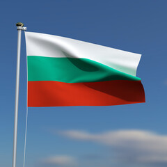 Bulgaria Flag is waving in front of a blue sky with blurred clouds in the background