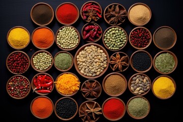 Obraz na płótnie Canvas Diverse Spices colorful top view. Nature food collection view ingredient. Generate Ai