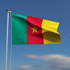 Cameroon Flag is waving in front of a blue sky with blurred clouds in the background