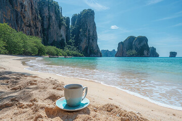 A cup of coffee is sitting on a beach near the ocean