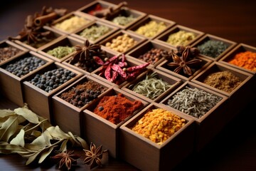 Aromatic Spices colorful top view in different boxes. Aroma spice powder herb vibrant. Generate Ai