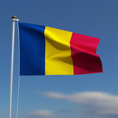 Chad Flag is waving in front of a blue sky with blurred clouds in the background