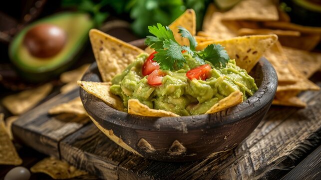 Guacamole avocado mash dip with tortilla chips and fresh avocados. Copy space image. Place for adding text or design