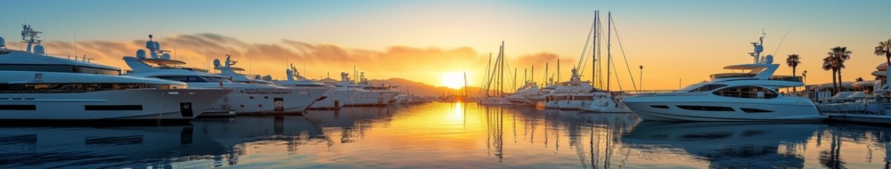 Sunset Glow on Marina with Luxury Yachts