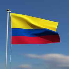 Colombia Flag is waving in front of a blue sky with blurred clouds in the background