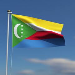 Comoros Flag is waving in front of a blue sky with blurred clouds in the background