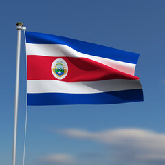 Costa Rica Flag is waving in front of a blue sky with blurred clouds in the background