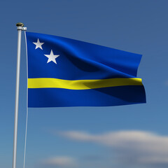 Curacao Flag is waving in front of a blue sky with blurred clouds in the background