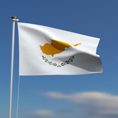 Cyprus Flag is waving in front of a blue sky with blurred clouds in the background