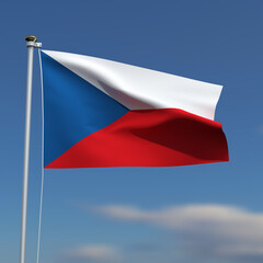 Czech Republic Flag is waving in front of a blue sky with blurred clouds in the background