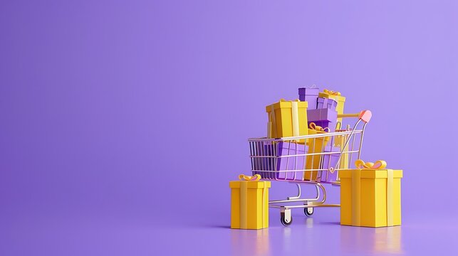Shopping cart with parcel boxes flash sale promotions concept on purple background