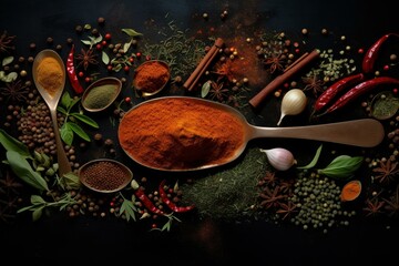 Textured Spices spoon topview. Stone food. Generate Ai