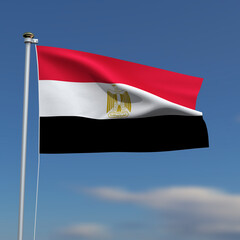 Egypt Flag is waving in front of a blue sky with blurred clouds in the background