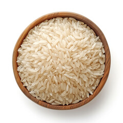 A bowl of white rice is shown on a white background