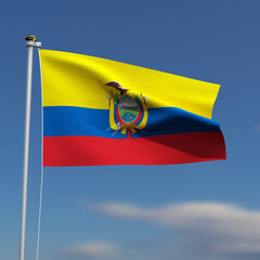 Ecuador Flag is waving in front of a blue sky with blurred clouds in the background
