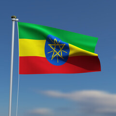 Ethiopia Flag is waving in front of a blue sky with blurred clouds in the background