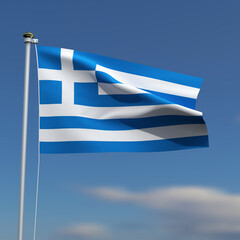 Greece Flag is waving in front of a blue sky with blurred clouds in the background