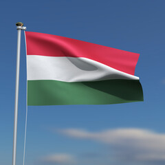 Hungary Flag is waving in front of a blue sky with blurred clouds in the background