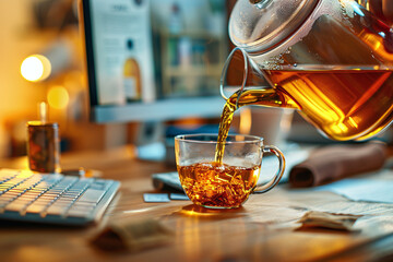 Spilling tea from a teapot into a cup on a work desk