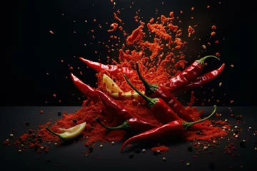 Papier Peint photo Piments forts Tantalizing Red chili peppers with juicy splashes. Supper hot extra spicy level taste. Generate ai