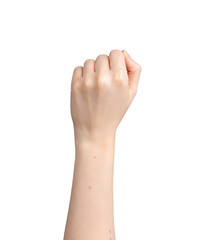 Clenched fist up, hand gesture isolated on white background
