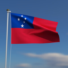 Samoa Flag is waving in front of a blue sky with blurred clouds in the background