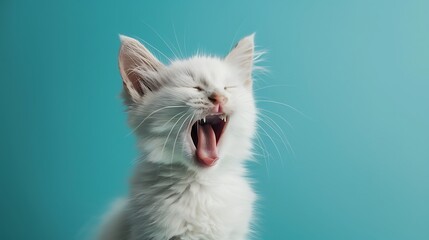 Sleepy cat with white fur yawning on a blue background
