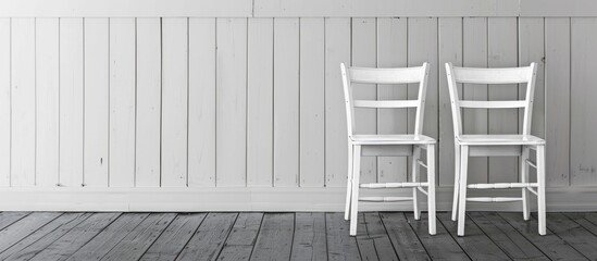 Empty white wooden leg chairs set against a white wall and gray wooden floor with plenty of space for writing. - obrazy, fototapety, plakaty