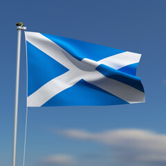Scotland Flag is waving in front of a blue sky with blurred clouds in the background