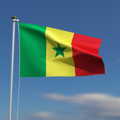 Senegal Flag is waving in front of a blue sky with blurred clouds in the background