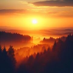 A sunset with a forest in the background, sunset in a valley