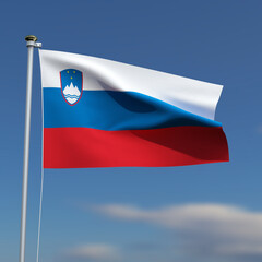 Slovenia Flag is waving in front of a blue sky with blurred clouds in the background