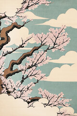 Ukiyo-e style design of cherry blossoms and clouds in pink tones and colors, Ai-generated illustration