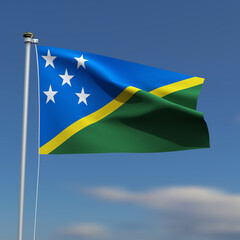 Solomon Islands Flag is waving in front of a blue sky with blurred clouds in the background