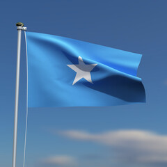 Somalia Flag is waving in front of a blue sky with blurred clouds in the background