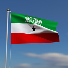 Somaliland Flag is waving in front of a blue sky with blurred clouds in the background