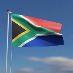 South Africa Flag is waving in front of a blue sky with blurred clouds in the background